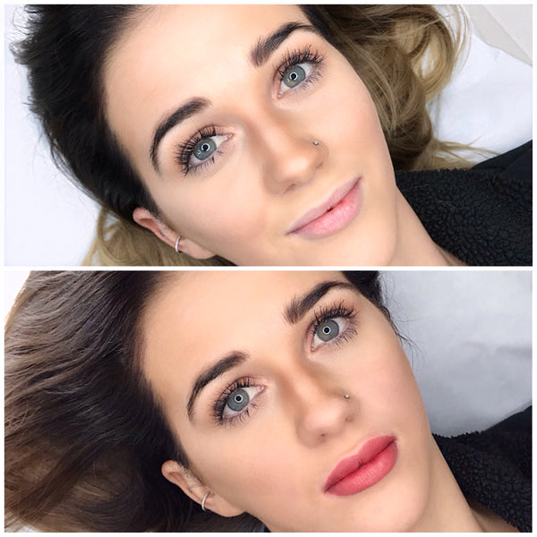 Top: Girl with natural pale lips. Bottom: Girl with pink lip blush
