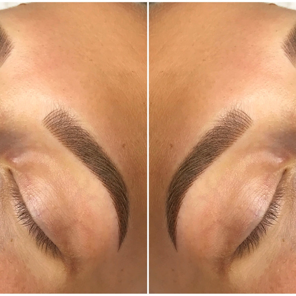 Signature tattoo brows, fluffy hairstrokes and shadding in medium brown colour brows